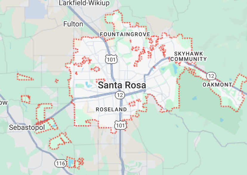 Gianni shine & Clean Window Cleaning Service area map of Santa Rosa